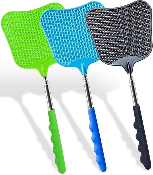 Wapodeai 3 pcs Fly Swatter, Fly Swatters Plastic Telescopic, Large Bug Swatter That Work for Indoor and Outdoor. (Black Blue Green)