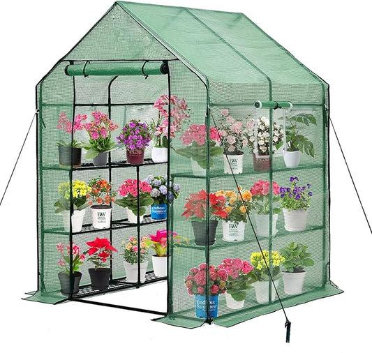 Walk-in Greenhouse for Outdoors, Thickened PE Cover & Heavy Duty Powder-Coated Steel, Mesh Door & Screen Windows, 14 Sturdy Shelves 4.7x4.7x6.4 FT, (GHW002G)