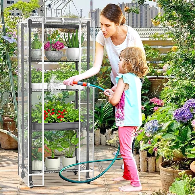 Mini 5-Tier Greenhouse for Indoor Outdoor, 23.2" L×13.4" W×61.4" H Portable Greenhouse with Clear PVC Cover and Metal Shelf for Growing Vegetables, Flowers and Seedlings, with Wheels