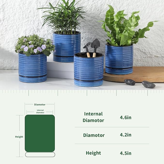 Hasense Small Plant Pots, 4.6 Inch Porcelain Planters with Drainage Holes and Tary, Mini Pots for Flower, Succulents, Cactus, Herbs, Modern Blue Decorative for Home Kitchen Office, Set of 4