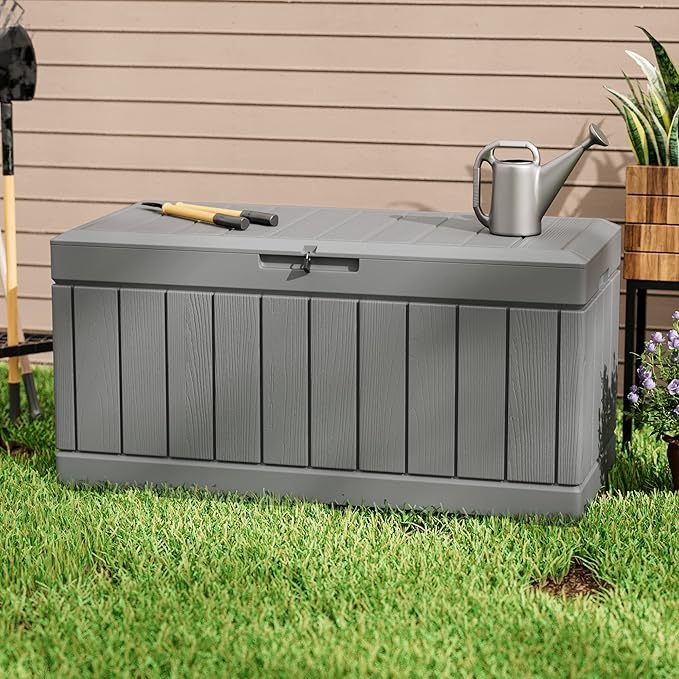 Greesum 82 Gallon Resin Deck Box All Weather Large Outdoor Storage for Patio Furniture, Toys, Garden Tools, Lockable, Dark Gray