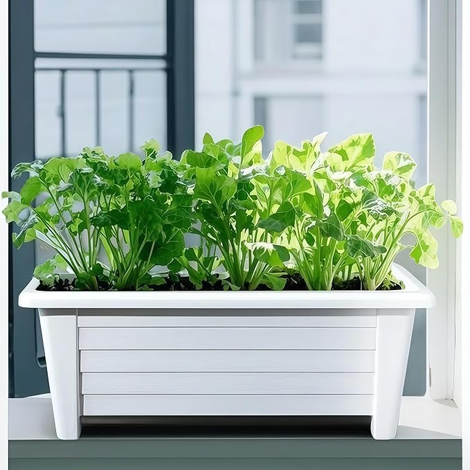 FAMZ Self Watering Planters Pots for Indoor Plants, 3 Pack 18.9 Inch Plastic Window Boxes Planters Herb Planter, Rectangle Rectangular Planter Windowsill Planters with Drainage and Saucer (White)