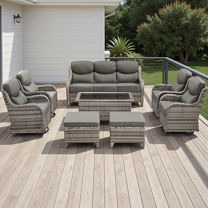 Wicker Outdoor Patio Furniture Set - 8 Piece Patio Conversation Sets with Swivel Rocker Chairs, Ottomans, Sofa and Coffee Table, 6 inch Cushions, Deep Seating, for Porch Deck Mixed Grey/Grey