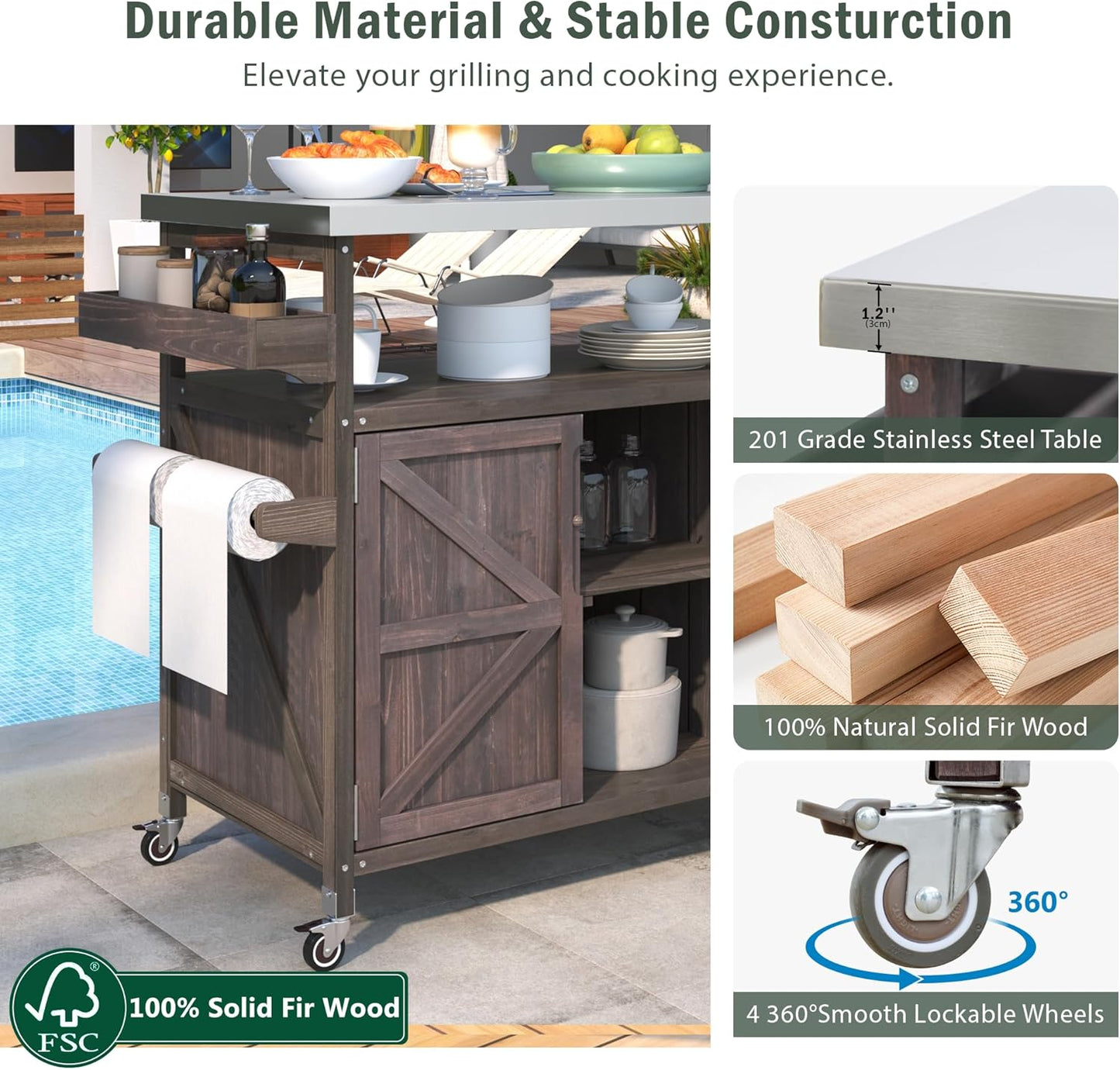 50.25" W Grill Cart with Stainless Steel Tabletop - Outdoor Storage Cabinet for BBQ, Bar Patio Kitchen Island with Ample Storage and Lockable Wheels