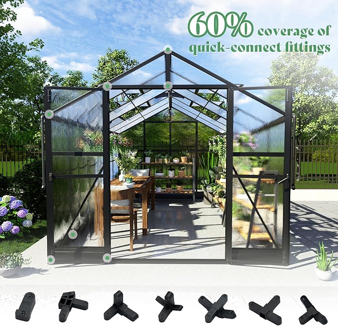 AMERLIFE 8x12x7FT Polycarbonate Greenhouse, Walk in Greenhouse with Quick-Connect System, Green House with 4 Vent Windows and Swing Lockable Door, Greenhouses for Outdoors, Sunroom Black
