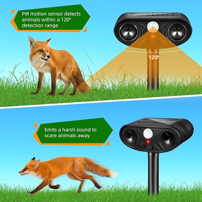 Solar Ultrasonic Animal Repellent Outdoor, Deer Repellent Devices, Waterproof Cat Rabbit Repeller with Motion Detection Flash Light to Deterrent Squirrel Dog Skunk Raccoon for Garden Yard Farm(4Pack)