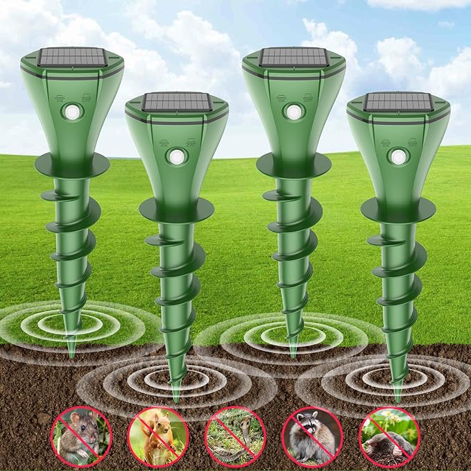 4 Pack Mole Repellent Solar Powered, IP65 Waterproof Snake Repellent for Yard, Ultrasonic Deterrent Outdoor, Rabbit, Skunk, Gopher, Groundhog, Chipmunk, Vole, Armadillo Repeller for Lawns Garden