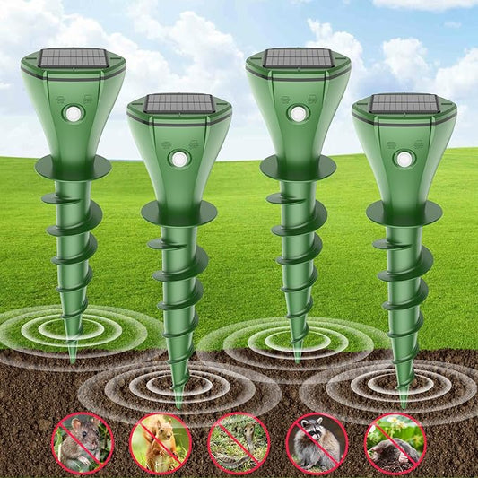 4 Pack Mole Repellent Solar Powered, IP65 Waterproof Snake Repellent for Yard, Ultrasonic Deterrent Outdoor, Rabbit, Skunk, Gopher, Groundhog, Chipmunk, Vole, Armadillo Repeller for Lawns Garden