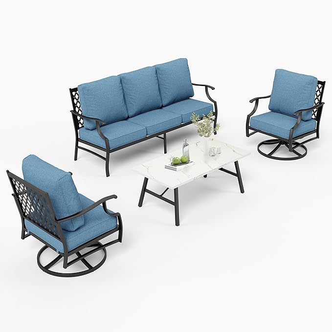 Patio Furniture Set 4 pcs, Metal Outdoor Patio Furniture, 3-Seat Sofa, 2 Swivel Chairs, Coffee Table and 5.75" Extra Thick Cushion, Conversation Set for Backyard Deck, Navy Blue