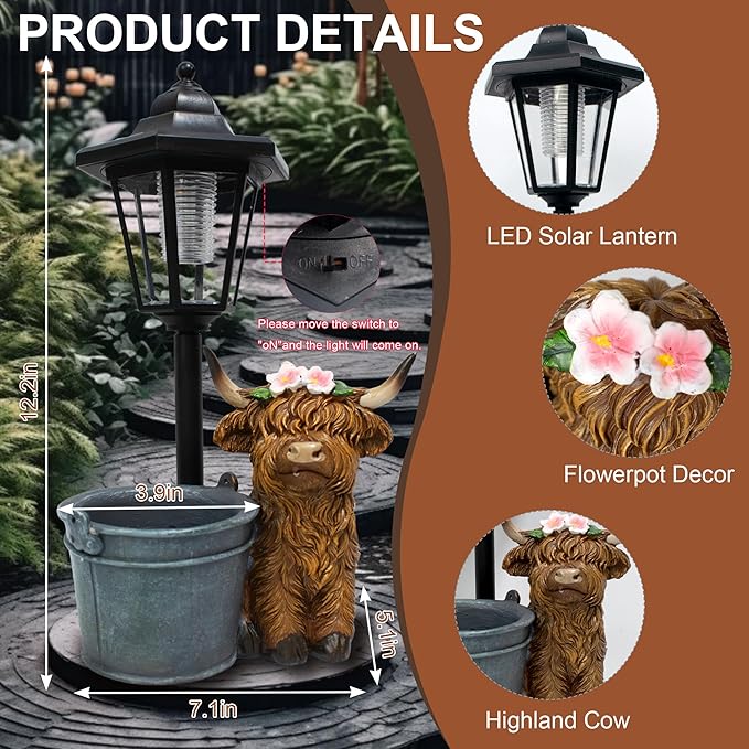 Highland Cow Statues Outdoor Solar Sculptures with Solar Lights and Flowerpot Funny Garden Decor Animal Figurines Resin Outdoor Statues for Patio Yard Lawn Balcony Grandma Mom Gifts