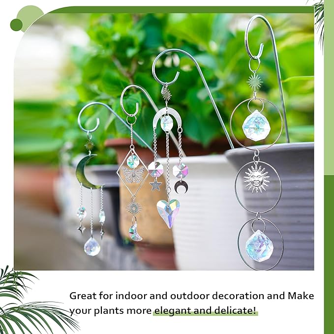 HDCRYSTALGIFTS 4 Pack Crystal Sun Catchers with Small Trellis for Potted Plants Indoor Plant Stake Suncatcher Decoration for Home Window Garden, Sliver