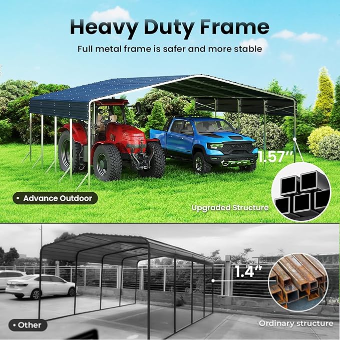 20x20' Heavy Duty Metal Carport – Sturdy Structure, All-Weather Protection, Easy Assembly for Cars, Trucks, Boats, Tractors, and Outdoor Storage (Grey, 20x20FT)