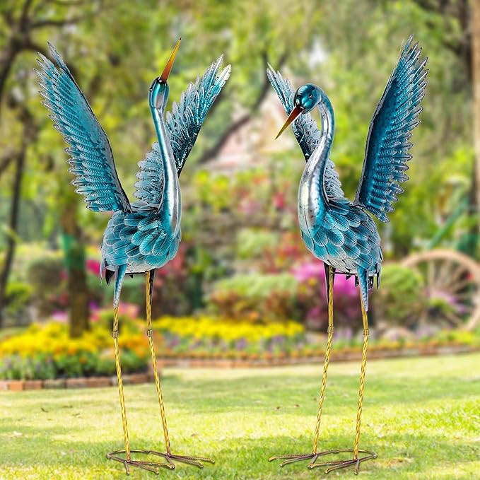 Natelf Garden Crane Statues for Outdoor, Blue Heron Decoy Courtyard Sculptures, Standing Metal Bird Yard Art for Patio Pond Backyard Decor(Set of 2)