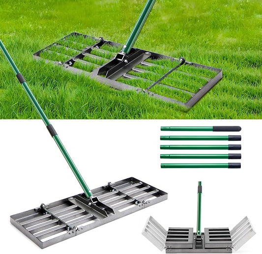 30"x10" Lawn Leveling Rake, Heavy Duty Lawn Leveler with 33"-77" Adjustable Handle, Foldable Ground Leveling Tool for Soil, Sand, Gravel, Ergonomic Design for Lawns, Golf Courses and Backyards
