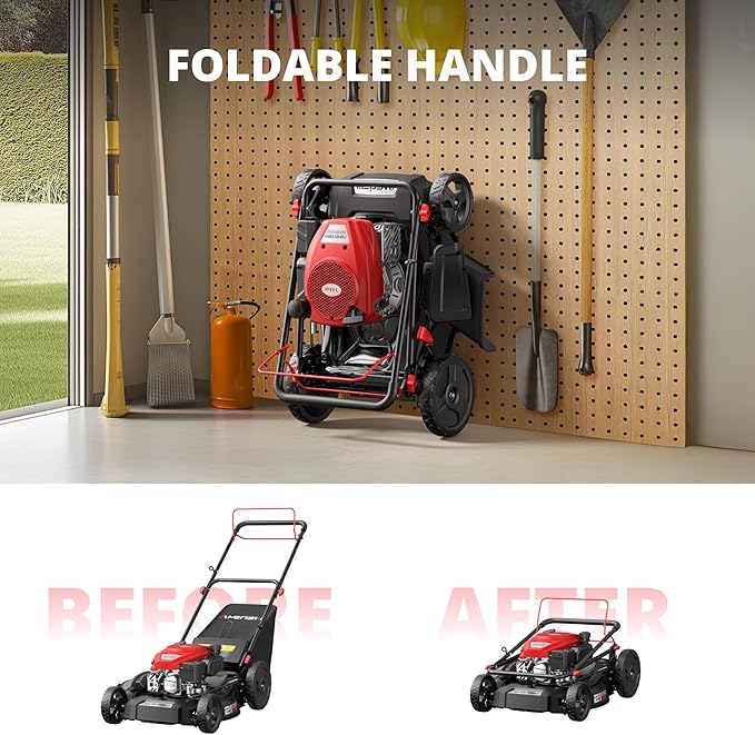 21-Inch 3-in-1 Gas Lawn Mower, Self Propelled with 170cc 4-Stroke Engine, 6-Position Adjustable Cutting Height, Side Discharge, Mulching & Rear Bag, High-Wheel Push Mower for Yard & Garden