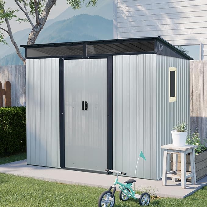 8x6 FT Outdoor Metal Storage Shed with Window, Lockable Sliding Doors and Transparent Plate - Patio Shed for Backyard, Garden, Lawn (White and Black)