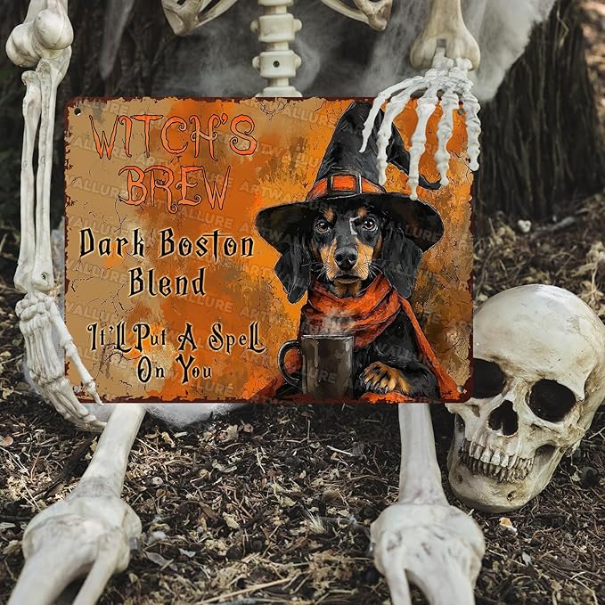 Funny Dog Halloween Metal Tin Sign Dachshund Witch Coffee Rustic Wall Art Vintage Tin Plaque Retro Metal Poster Iron Painting Home Decor 12x16inch