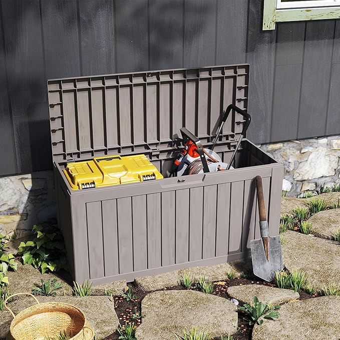 80GAL PLUS Rolling Brown Outdoor Deck Box with Lock Hole - Waterproof, SGS - Certified UV Protection, All - Weather Resin, Mobile Storage for Poolside or Patio Use, Easy Assembly