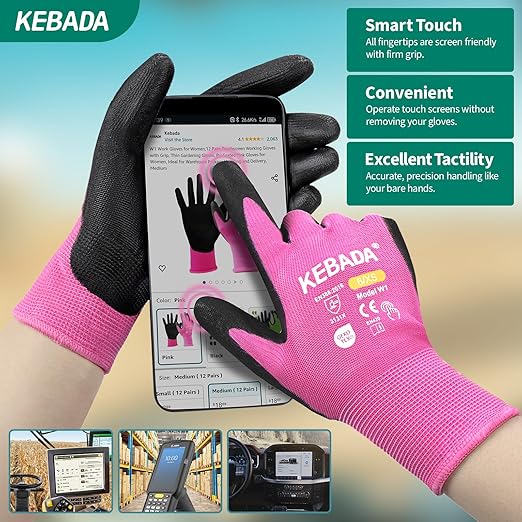 Kebada W1 Work Gloves Women, PU Coated Safety Gloves with Grip, Touchscreen, Ideal for Warehouse Package Handling, Construction, Gardening, Pink Small
