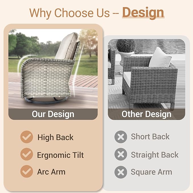 HOOOWOOO Outdoor Patio Bistro Set,3 Pieces Wicker Out Door Swivel Rocking Chair with Matching Side Table,Patio Furniture Sets,Beige