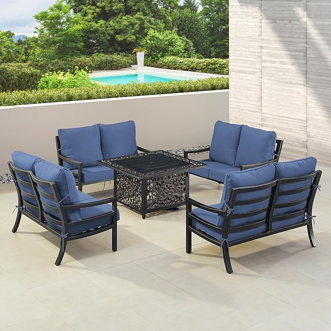Oakland Living Black Aluminum Patio Fire Table Set with Four Deep Seating Loveseat with Cushions with Blue Cushions