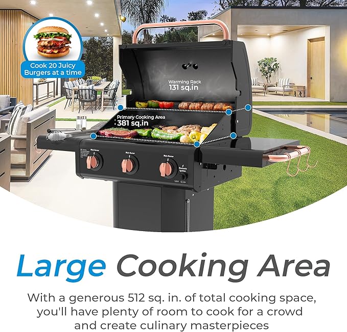 Kenmore 3-Burner Gas Grill | Foldable Side Tables, Cast Iron Cooking Grates, Warming Rack, Hooks for BBQ Grilling Tools, Propane Gas Barbecue Grill, 30,000 BTUs, Black with Copper Accent