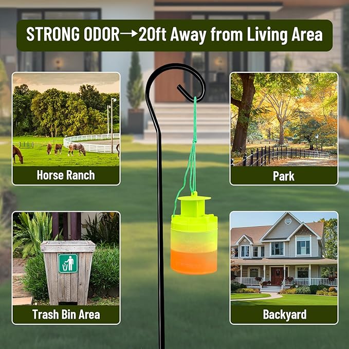 4 Pack Reusable Outdoor Fly Trap with Shepherd Hooks, Non-Toxic Bait for Farm, Garden, Patio. Hanging Flies Killer Catcher, Outside Weather Resistant Bug Control