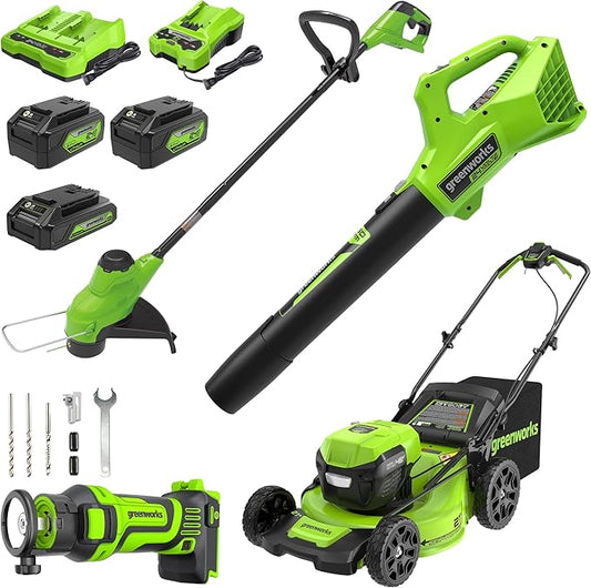 Greenworks 48V (2x24V) Lawn Mower Combo - 21" Push Mower, 12" String Trimmer, 320 CFM Leaf Blower + 24V Cordless Speed Saw - Ideal for Yard & Indoor