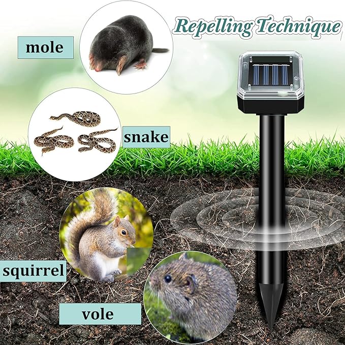Solar-Powered Mole Repellent 10P Outdoor, Gopher Repellent for Lawn Garden Yard, Mole and Vole Repeller Waterproof, Effectively Repels Gophers Snake Black