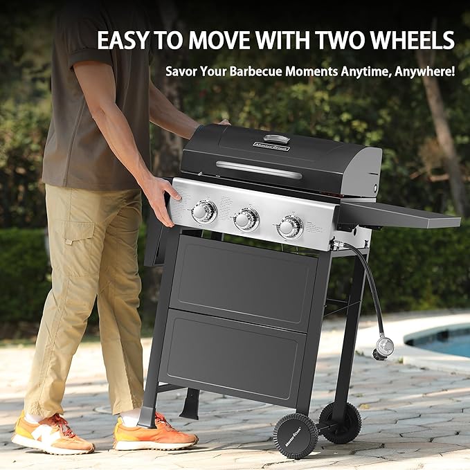 MASTER COOK 3 Burner BBQ Propane Gas Grill, Stainless Steel 30,000 BTU Patio Garden Barbecue Grill with Two Foldable Shelves