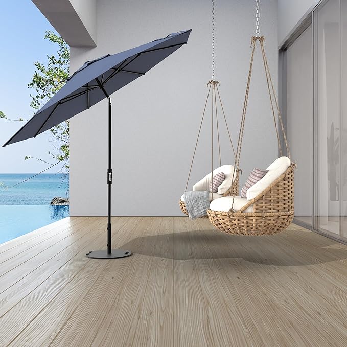Midtown Umbrellas The Swilt 8 Feet Patio Umbrella in Terylast Light Navy Polyester Fabric - Fiberglass Ribs, Auto-Tilt Aluminum Frame For Backyard, Deck, Garden, Pool - White Pole