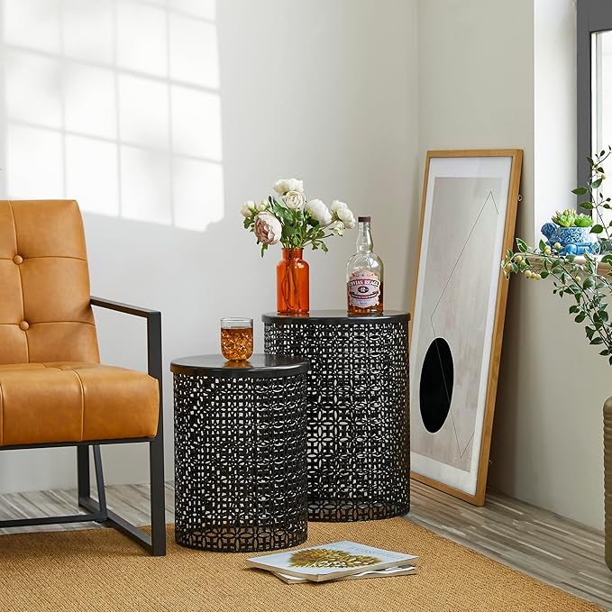 Glitzhome Outdoor Side Table Set of 2, Decorative Garden Stool for Indoor Outdoor Heavy Duty Metal Frame Accent Table Modern End Table, Glossy Black