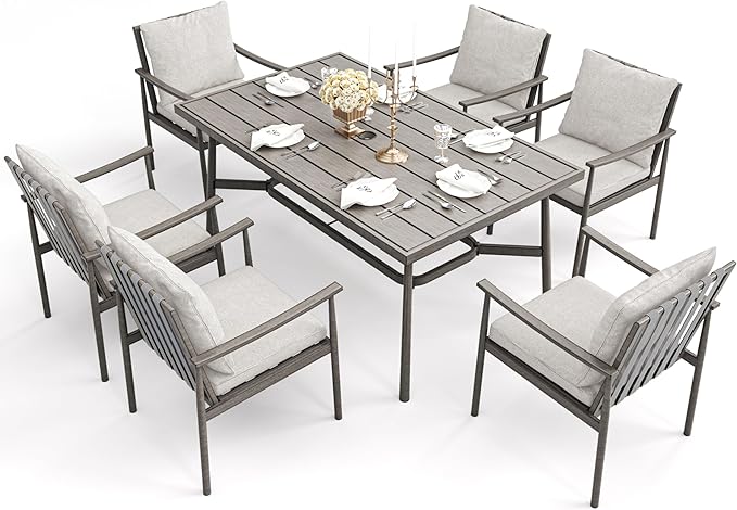 HAPPATIO 7-Piece Outdoor Dining Set for 6, Aluminum Patio Dining Set Includes 6 Dining Chairs and 1 Large Rectangular Table with Umbrella Hole, Patio Furniture Set for Lawn, Porch, Backyard, Grey