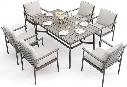HAPPATIO 7-Piece Outdoor Dining Set for 6, Aluminum Patio Dining Set Includes 6 Dining Chairs and 1 Large Rectangular Table with Umbrella Hole, Patio Furniture Set for Lawn, Porch, Backyard, Grey