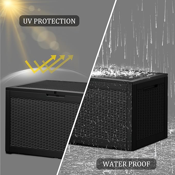 100GAL Black Wicker - Textured Outdoor Deck Box with Lockable – Waterproof, SGS - Verified UV Resistance, Stylish Storage for Patio Furniture & Outdoor Toys, Quick Assembly