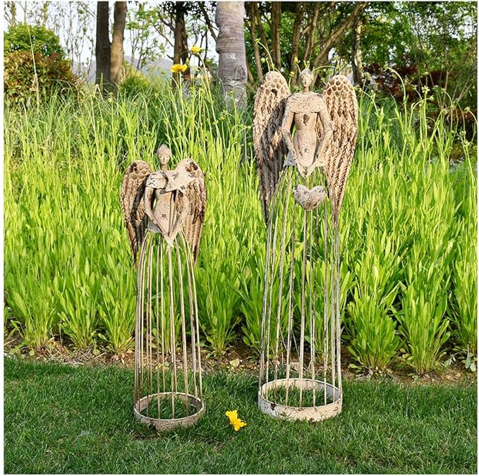 Linfevisi Garden Angel Statue Decor Rustic Metal Angel Sculpture Garden Yard Art Heavenly Home Decor Antiqued Accent Housewarming Gift 2 Pack (Star & Heart)