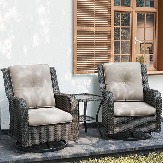 Joyside Outdoor Swivel Rocker Patio Chairs Set of 2 and Matching Side Table - 3 Piece Wicker Patio Bistro Set with Premium Fabric Cushions(Mixed Grey/Beige)