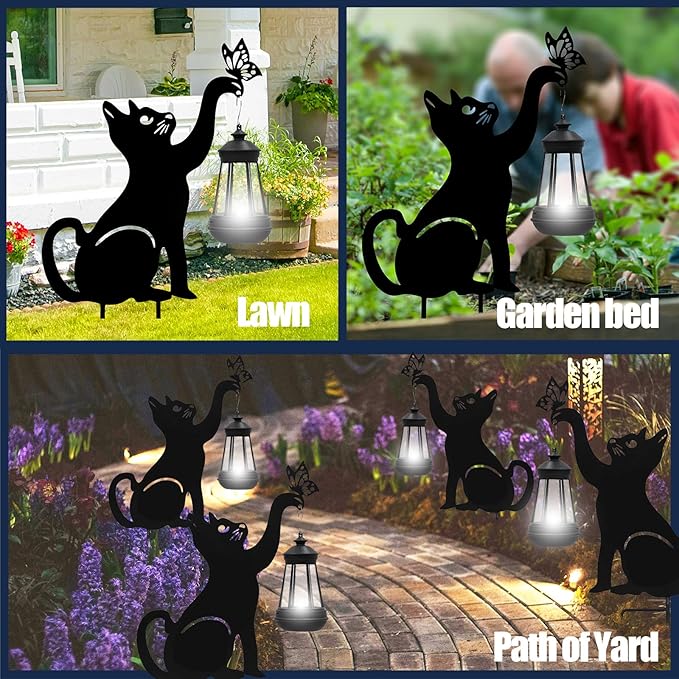 2PC Solar Lights Outdoor Garden Decor - Black Cat Figurine Light Stake with Butterfly Decorative Metal Housewarming Ornament for Yard Pathway Lawn Patio – Unique Gift Ideas for Christmas