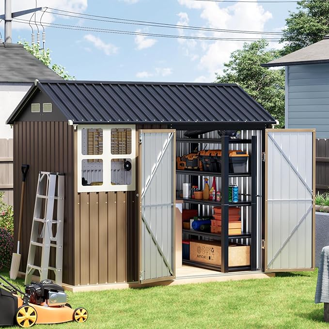 8x6 FT Outdoor Metal Storage Shed, Double Doors, 1 Clear Window, Tool Shed for Garden, Patio, Backyard Brown