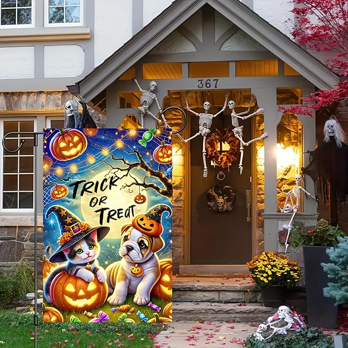 Halloween Garden Flag Double Sided 12x18 Flag Halloween Cat Dog Pumpkin Garden Flag Cute Halloween Dressed Kitten And Puppy Trick Or Treat Theme Indoor Outdoor Home Garden Decor Lawn Banner