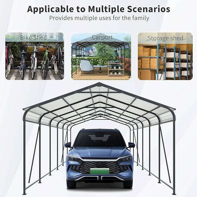 12x32 FT Metal Carport, Heavy Duty Car Port Canopy with Galvanized Steel Roof & Frame, Oversized Metal Carport Kit, Outdoor 2 Car Garage, Steel Car Shelter for Car, Boat, Truck, Charcoal