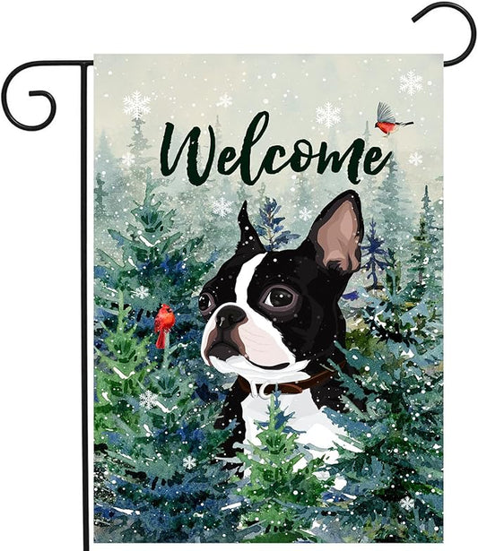 Welcome Winter Garden Flags Boston Terrier Garden Flag Cardinal Birds on Snowy Pine Tree Flag Dog Yard Flags for Outside 12x18 Double Sided Christmas Decorative Lawn Flags