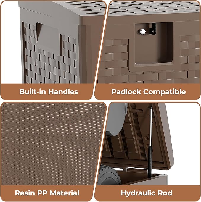 99Gallon Brown Resin Deck Box, Outdoor Storage Box Waterproof Lockable, Patio Deck Box For Package Delivery, Outside Storage Box Container for Furniture Cushions, Garden Tools, Pool Accessories