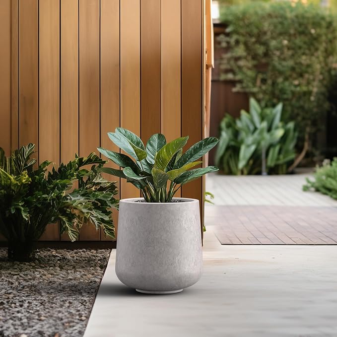 Kante 11.6" Dia Round Concrete Planter, Outdoor Indoor Large Plant Pots Containers with Drainage Hole and Rubber Plug for Home Garden Patio, Light Gray