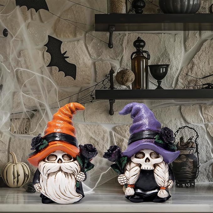 Hodao Halloween Gnomes Decorations Indoor, Resin Halloween Skull Head Handmade Figurines with Witch Hat & Rose Decor for Gift Home Bedroom Party Office Table - 2 Pcs, Orange & Purple