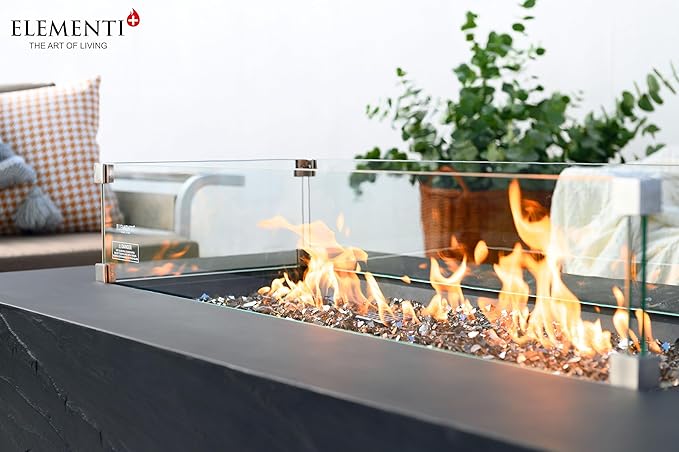 Elementi+ | Bundle Cape Town Gas Fire Pit Cast Concrete 56" Rectangular Fire Table, Outdoor Fire Pit Electronic Ignition | Canvas Cover, Fire Glass and Burner Lid Included | Dark Gray | Natural Gas