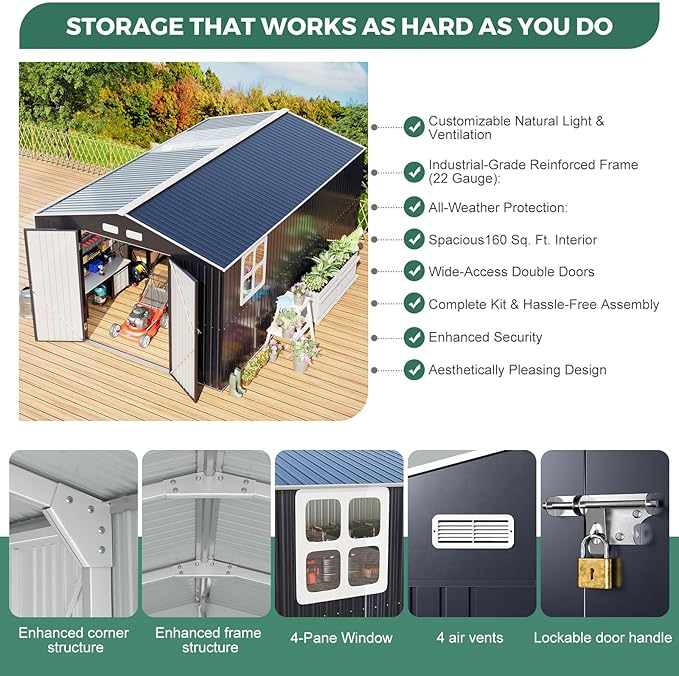 Metal Shed 10x16 FT with Floor Frame Kit, Big with Heavy-Duty Reinforced Steel Frame and Customizable Skylight, Lockable Doors, 4-Pane Windows, Large Outdoor Storage for Garden, Tools, and Utility