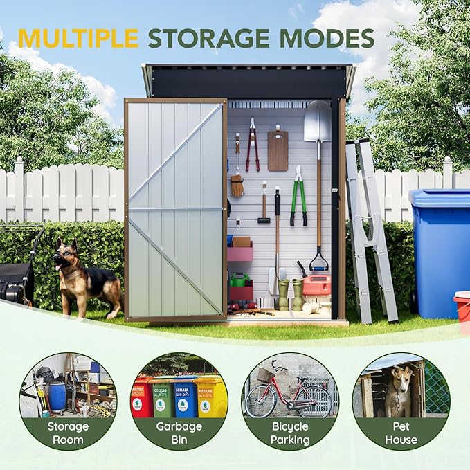 5x3FT Vertical Outdoor Steel Storage Shed, Lockable Doors, Compact Metal Tool Shed for Garden, Backyard, Patio, Utility, and Bike Storage,Brown