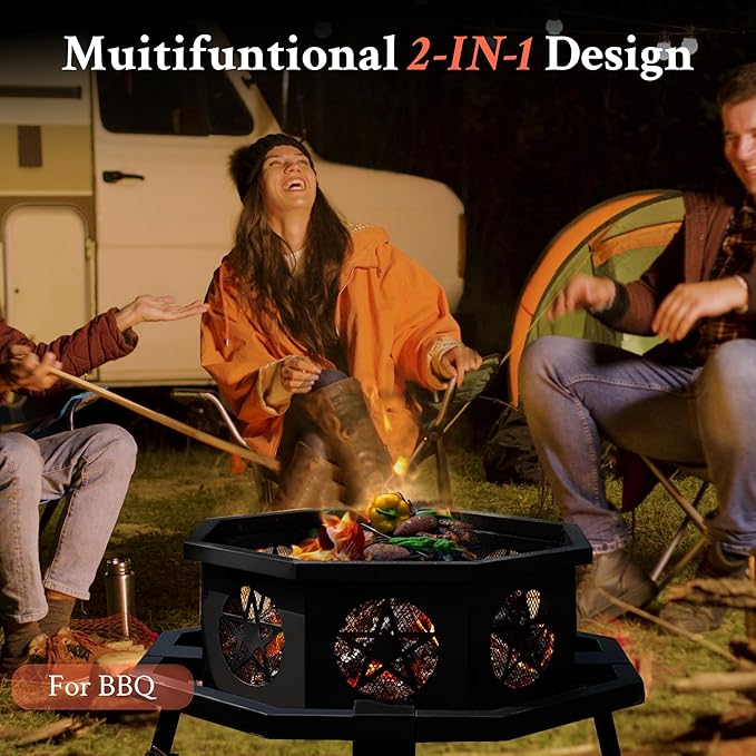 Verdelxue 35 Inch Octagonal Fire Pit with Cooking Grill,Outdoor Wood Burning Fire Pit for Camping Outside Picnic Bonfire,Heavy Duty Firepit for Backyard Garden Patio