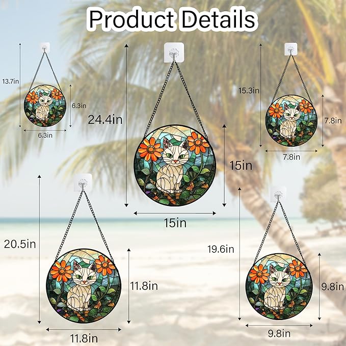 Stained Glass Window Hanging - White Cat Green Plants Orange Flowers Sun Catcher for Door Garden Home Decor Suncatcher Christmas Mother's Day Birthday Gifts for Women Men Mom Nana 9.8 in